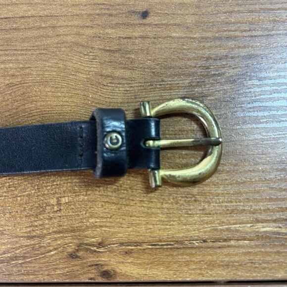 Etienne Aigner Accessories - VTG Etienne Aigner Belt Black Leather Womens Brass Tone Buckle and Logo Skinny